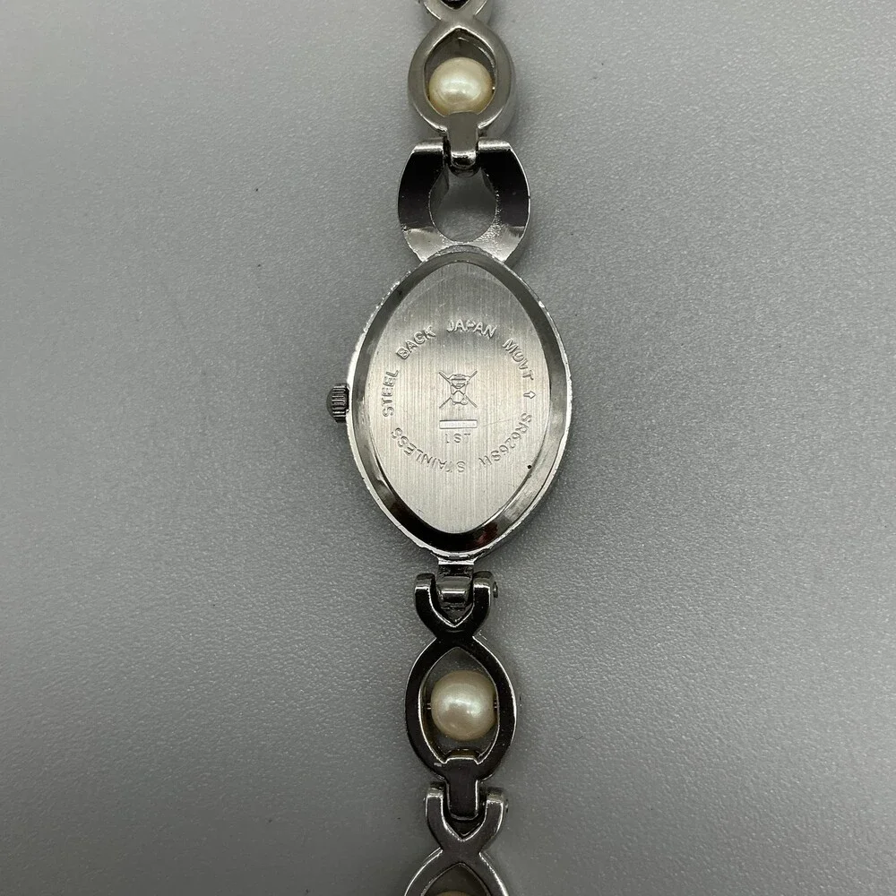 Faux Pearl Band Womens Watch 19mm Oval White Dial Silver Tone New Battery 7.5